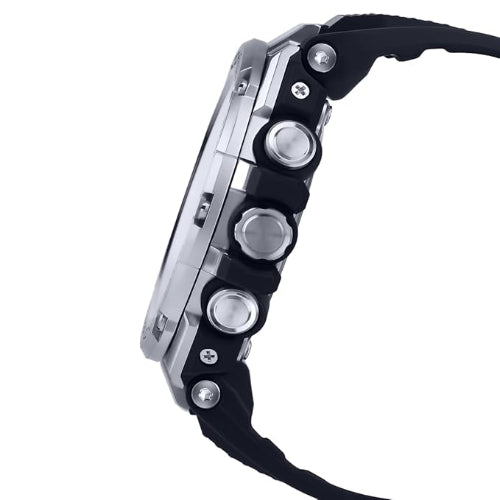 Close-up of a black and silver watch with a detailed band design on a white background