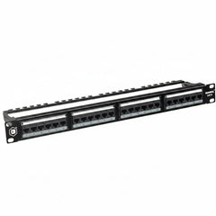Network patch panel with multiple Ethernet ports on a white background