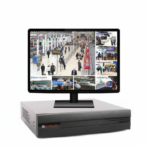 Security monitoring system with a monitor displaying multiple camera feeds on a white background