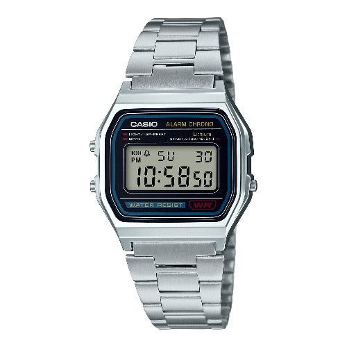 Casio Vintage A-158WA-1Q digital unisex watch with silver metal strap