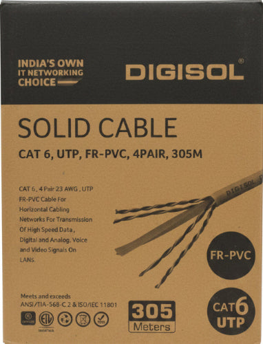 Digisol solid cable packaging with specifications on a brown background