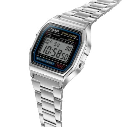 Silver Casio digital watch with metal band on a white background