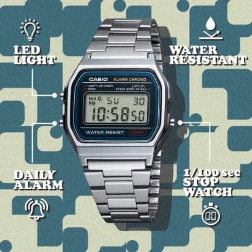 Casio digital watch with features highlighted on a patterned background