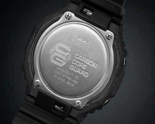 Back view of a Casio watch with 'Carbon Core Guard' text on a dark background